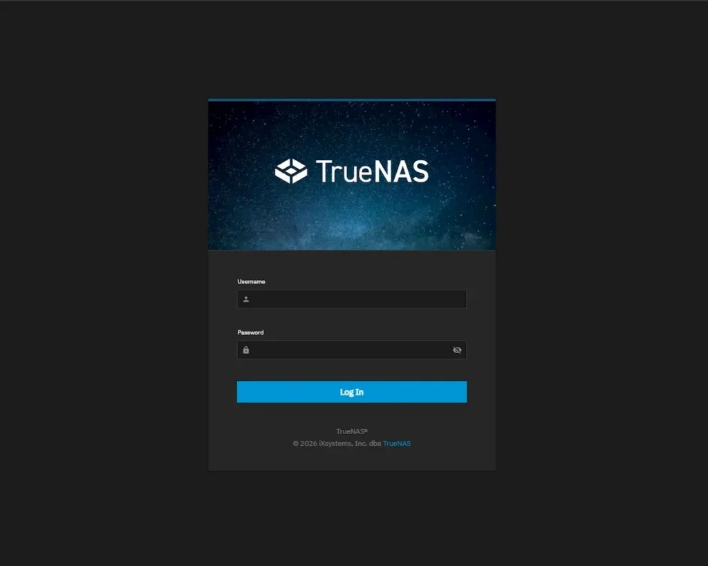TrueNAS SCALE login screen showing why self-host fans choose to build a personal home server